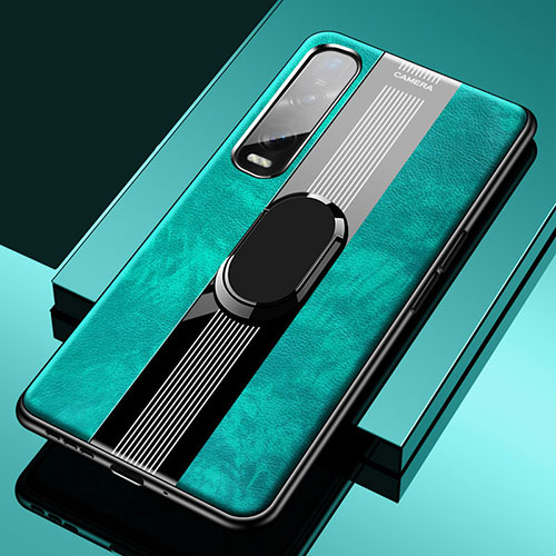 Soft Silicone Gel Leather Snap On Case Cover with Magnetic Finger Ring Stand S02 for Oppo Find X2 Pro Green
