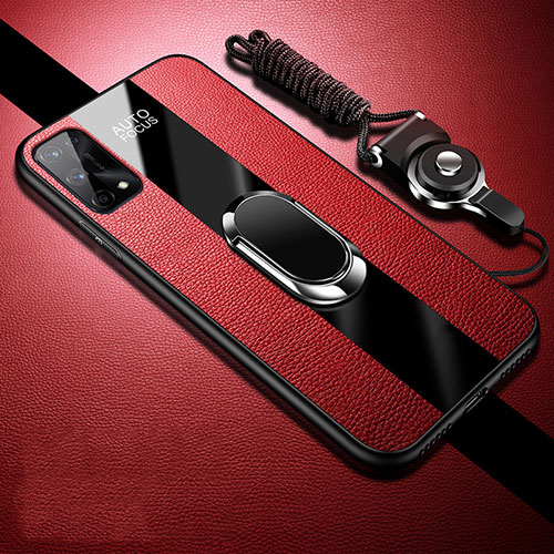 Soft Silicone Gel Leather Snap On Case Cover with Magnetic Finger Ring Stand S02 for Oppo K7x 5G Red