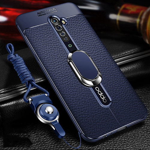 Soft Silicone Gel Leather Snap On Case Cover with Magnetic Finger Ring Stand S02 for Oppo Reno2 Blue