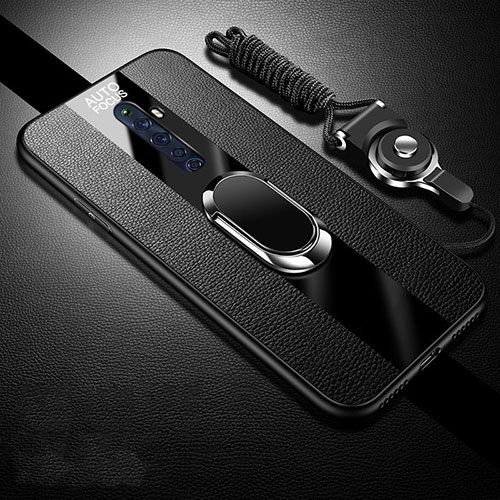 Soft Silicone Gel Leather Snap On Case Cover with Magnetic Finger Ring Stand S02 for Oppo Reno2 Z Black