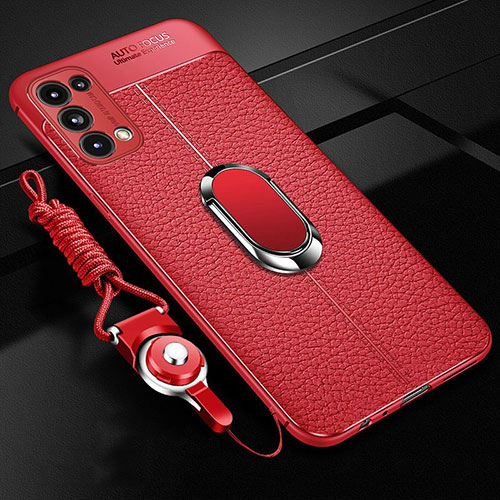 Soft Silicone Gel Leather Snap On Case Cover with Magnetic Finger Ring Stand S02 for Oppo Reno5 Pro 5G Red