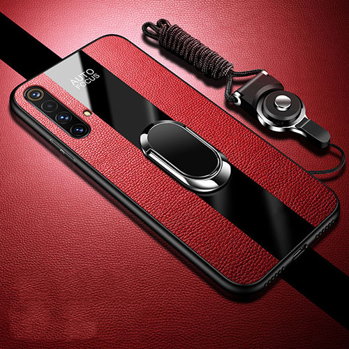 Soft Silicone Gel Leather Snap On Case Cover with Magnetic Finger Ring Stand S02 for Realme X3 SuperZoom Red