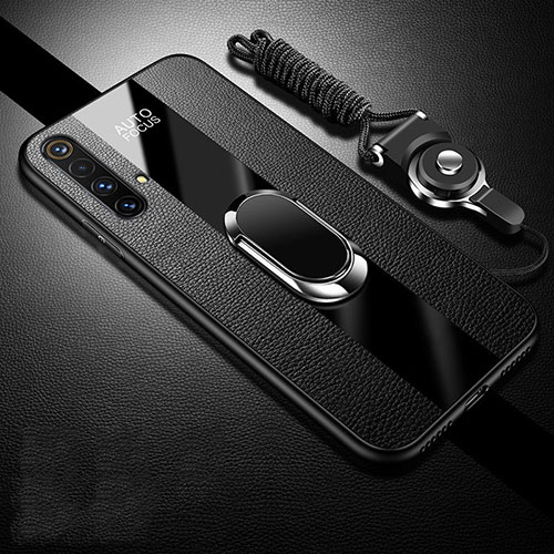 Soft Silicone Gel Leather Snap On Case Cover with Magnetic Finger Ring Stand S02 for Realme X50 5G Black