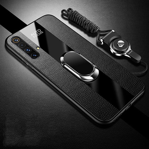 Soft Silicone Gel Leather Snap On Case Cover with Magnetic Finger Ring Stand S02 for Realme X50m 5G Black