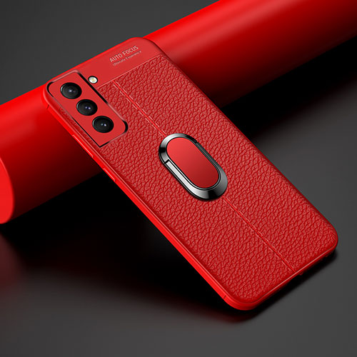 Soft Silicone Gel Leather Snap On Case Cover with Magnetic Finger Ring Stand S02 for Samsung Galaxy S21 5G Red