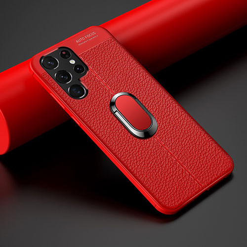Soft Silicone Gel Leather Snap On Case Cover with Magnetic Finger Ring Stand S02 for Samsung Galaxy S21 Ultra 5G Red