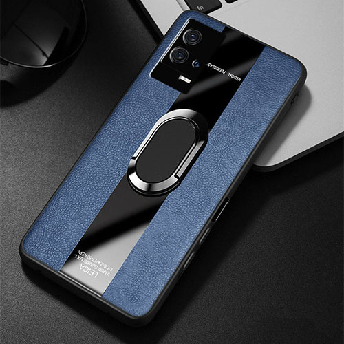 Soft Silicone Gel Leather Snap On Case Cover with Magnetic Finger Ring Stand S02 for Vivo iQOO 8 5G Blue