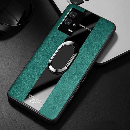 Soft Silicone Gel Leather Snap On Case Cover with Magnetic Finger Ring Stand S02 for Vivo iQOO 8 5G Green
