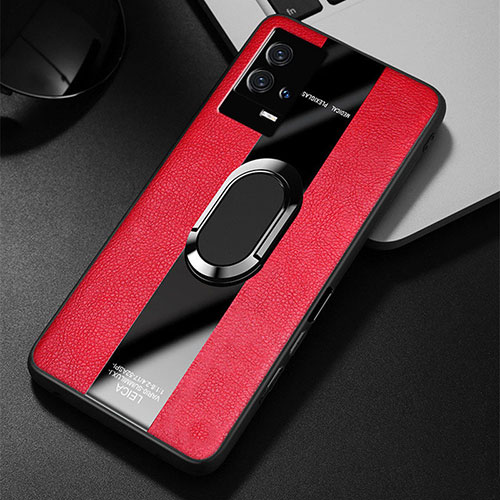 Soft Silicone Gel Leather Snap On Case Cover with Magnetic Finger Ring Stand S02 for Vivo iQOO 8 5G Red