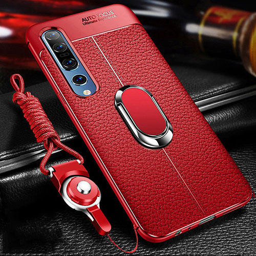 Soft Silicone Gel Leather Snap On Case Cover with Magnetic Finger Ring Stand S02 for Xiaomi Mi 10 Pro Red