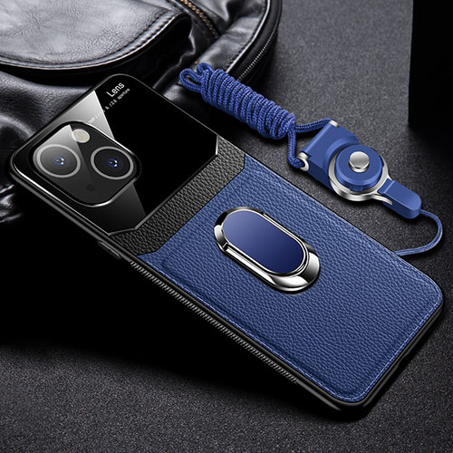 Soft Silicone Gel Leather Snap On Case Cover with Magnetic Finger Ring Stand S03 for Apple iPhone 13 Mini Blue