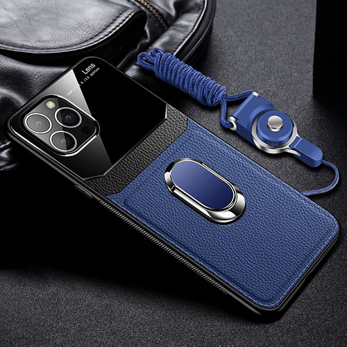 Soft Silicone Gel Leather Snap On Case Cover with Magnetic Finger Ring Stand S03 for Apple iPhone 14 Pro Blue