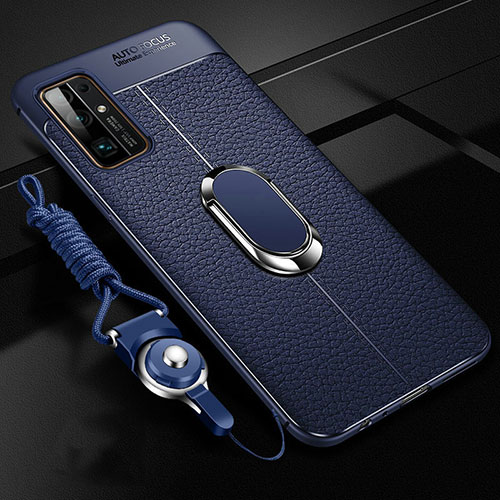 Soft Silicone Gel Leather Snap On Case Cover with Magnetic Finger Ring Stand S03 for Huawei Honor 30 Blue