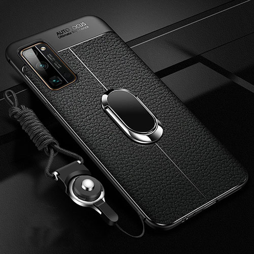 Soft Silicone Gel Leather Snap On Case Cover with Magnetic Finger Ring Stand S03 for Huawei Honor 30 Pro Black