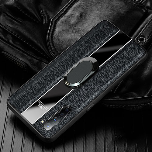Soft Silicone Gel Leather Snap On Case Cover with Magnetic Finger Ring Stand S03 for Oppo F15 Black