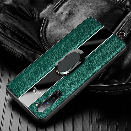 Soft Silicone Gel Leather Snap On Case Cover with Magnetic Finger Ring Stand S03 for Oppo Find X2 Lite Green