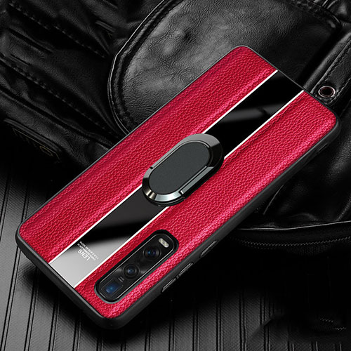 Soft Silicone Gel Leather Snap On Case Cover with Magnetic Finger Ring Stand S03 for Oppo Find X2 Pro Red