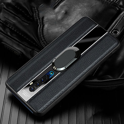 Soft Silicone Gel Leather Snap On Case Cover with Magnetic Finger Ring Stand S03 for Oppo Reno2 Black