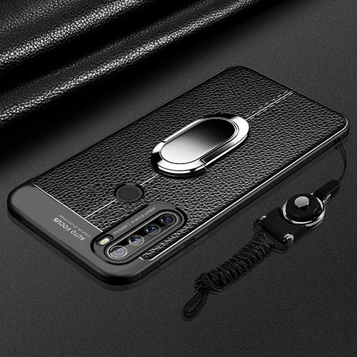 Soft Silicone Gel Leather Snap On Case Cover with Magnetic Finger Ring Stand S03 for Xiaomi Redmi Note 8 (2021) Black