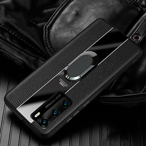 Soft Silicone Gel Leather Snap On Case Cover with Magnetic Finger Ring Stand S04 for Huawei P40 Black