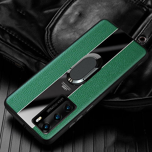 Soft Silicone Gel Leather Snap On Case Cover with Magnetic Finger Ring Stand S04 for Huawei P40 Green