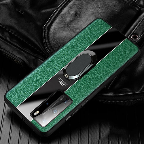 Soft Silicone Gel Leather Snap On Case Cover with Magnetic Finger Ring Stand S04 for Huawei P40 Pro Green