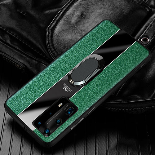 Soft Silicone Gel Leather Snap On Case Cover with Magnetic Finger Ring Stand S04 for Huawei P40 Pro+ Plus Green