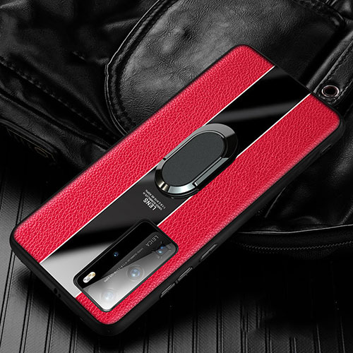 Soft Silicone Gel Leather Snap On Case Cover with Magnetic Finger Ring Stand S04 for Huawei P40 Pro Red