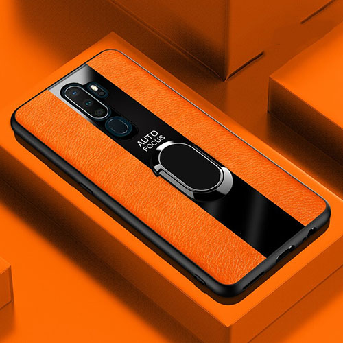 Soft Silicone Gel Leather Snap On Case Cover with Magnetic Finger Ring Stand S04 for Oppo A5 (2020) Orange