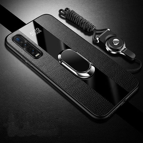 Soft Silicone Gel Leather Snap On Case Cover with Magnetic Finger Ring Stand S04 for Oppo Find X2 Pro Black