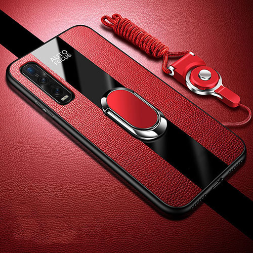 Soft Silicone Gel Leather Snap On Case Cover with Magnetic Finger Ring Stand S04 for Oppo Find X2 Pro Red