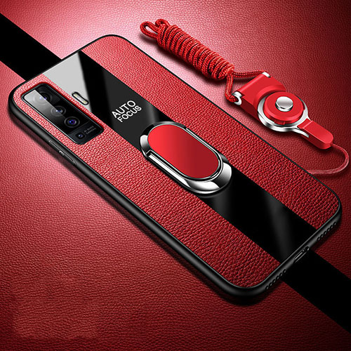 Soft Silicone Gel Leather Snap On Case Cover with Magnetic Finger Ring Stand S04 for Vivo X50 5G Red