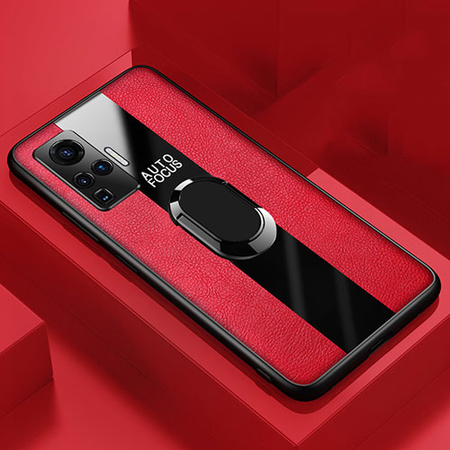 Soft Silicone Gel Leather Snap On Case Cover with Magnetic Finger Ring Stand S04 for Vivo X50 Pro 5G Red