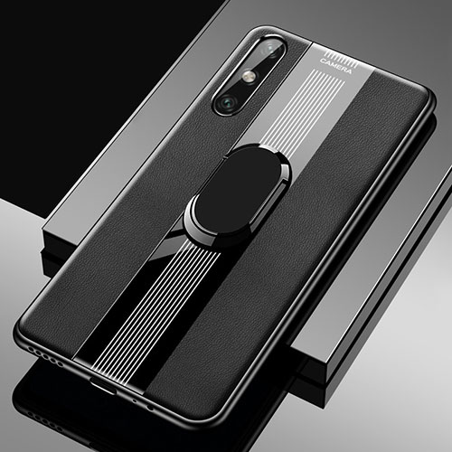 Soft Silicone Gel Leather Snap On Case Cover with Magnetic Finger Ring Stand S05 for Huawei Enjoy 10e Black