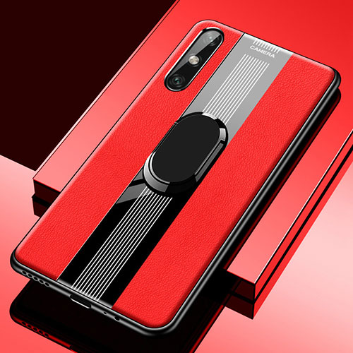 Soft Silicone Gel Leather Snap On Case Cover with Magnetic Finger Ring Stand S05 for Huawei Enjoy 10e Red