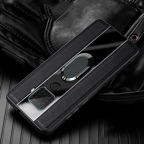 Soft Silicone Gel Leather Snap On Case Cover with Magnetic Finger Ring Stand S05 for Huawei Mate 30 Lite Black