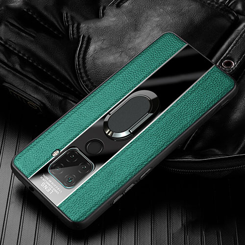 Soft Silicone Gel Leather Snap On Case Cover with Magnetic Finger Ring Stand S05 for Huawei Mate 30 Lite Green