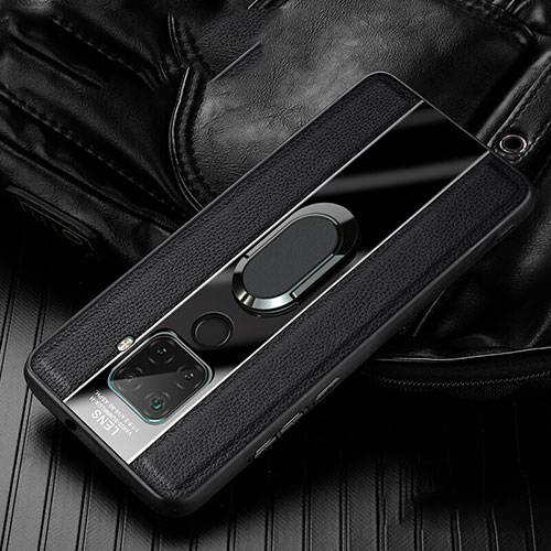 Soft Silicone Gel Leather Snap On Case Cover with Magnetic Finger Ring Stand S05 for Huawei Nova 5i Pro Black