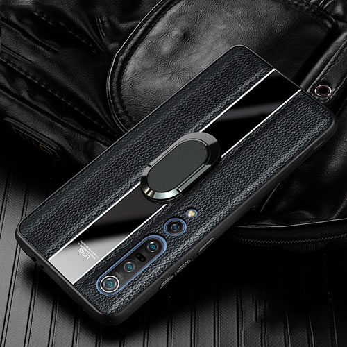 Soft Silicone Gel Leather Snap On Case Cover with Magnetic Finger Ring Stand S06 for Xiaomi Mi 10 Pro Black