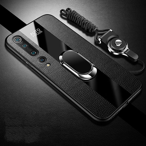 Soft Silicone Gel Leather Snap On Case Cover with Magnetic Finger Ring Stand S07 for Xiaomi Mi 10 Black