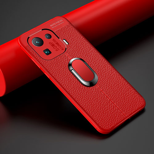 Soft Silicone Gel Leather Snap On Case Cover with Magnetic Finger Ring Stand S07 for Xiaomi Mi 11 Pro 5G Red