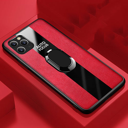 Soft Silicone Gel Leather Snap On Case Cover with Magnetic Finger Ring Stand T01 for Apple iPhone 11 Pro Red