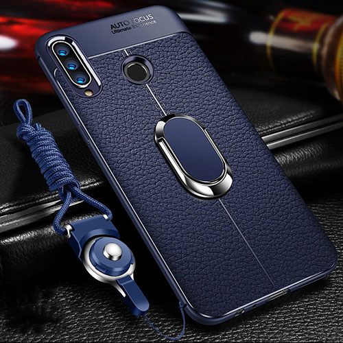 Soft Silicone Gel Leather Snap On Case Cover with Magnetic Finger Ring Stand T01 for Huawei Honor 20 Lite Blue