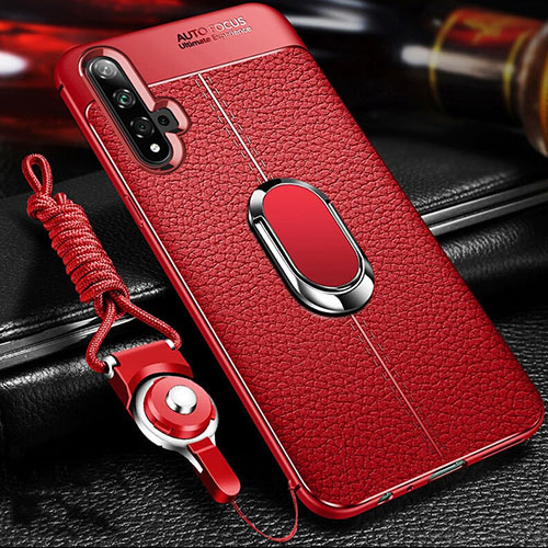 Soft Silicone Gel Leather Snap On Case Cover with Magnetic Finger Ring Stand T01 for Huawei Honor 20 Red