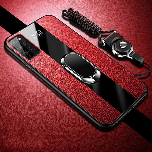 Soft Silicone Gel Leather Snap On Case Cover with Magnetic Finger Ring Stand T01 for Huawei Honor 30 Lite 5G Red