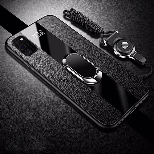 Soft Silicone Gel Leather Snap On Case Cover with Magnetic Finger Ring Stand T01 for Huawei Honor View 30 5G Black