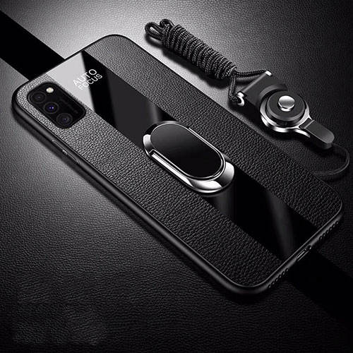 Soft Silicone Gel Leather Snap On Case Cover with Magnetic Finger Ring Stand T01 for Huawei Honor View 30 Pro 5G Black