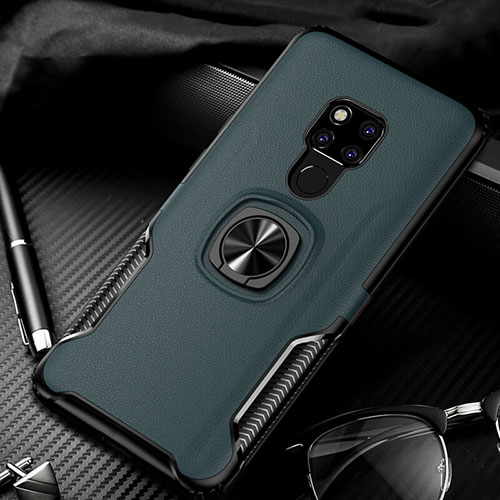 Soft Silicone Gel Leather Snap On Case Cover with Magnetic Finger Ring Stand T01 for Huawei Mate 20 Green