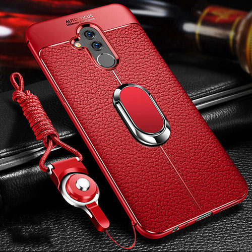 Soft Silicone Gel Leather Snap On Case Cover with Magnetic Finger Ring Stand T01 for Huawei Mate 20 Lite Red