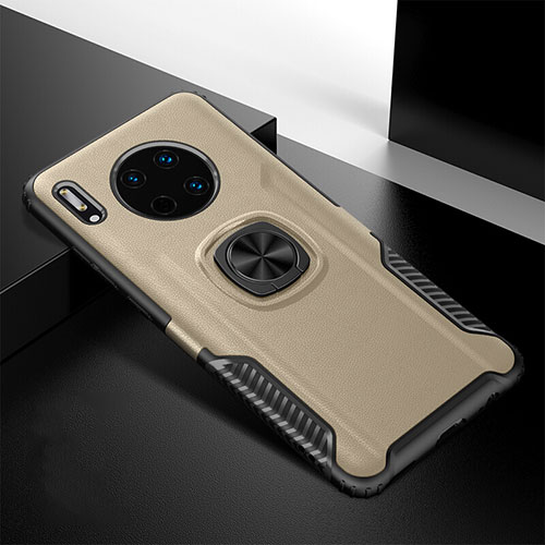 Soft Silicone Gel Leather Snap On Case Cover with Magnetic Finger Ring Stand T01 for Huawei Mate 30 Gold